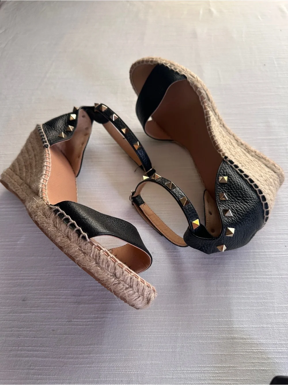 Maypol Black Pebbled Leather Studded Espadrille Wedge Sandals NWOB 42